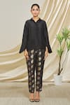 Peenacolada_Black Silk, Brocade Embroidery Collared Shirt And Floral Pant Set _Online_at_Aza_Fashions