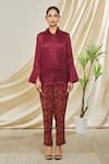 Peenacolada_Maroon Silk, Brocade Embroidery Collared Shirt And Woven Pant Set _Online_at_Aza_Fashions