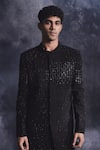 Shop_Varun Chakkilam_Black Poly Blend Suiting Fabric Embroidered Sequins Waves Sherwani Set  _at_Aza_Fashions