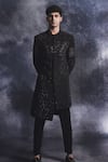 Buy_Varun Chakkilam_Black Poly Blend Suiting Fabric Embroidered Sequins Waves Sherwani Set  _at_Aza_Fashions