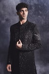 Varun Chakkilam_Black Poly Blend Suiting Fabric Embroidered Sequins Waves Sherwani Set  _Online_at_Aza_Fashions