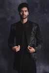 Varun Chakkilam_Black Poly Blend Suiting Fabric Metallic Open Jacket And Kurta Set  _Online_at_Aza_Fashions