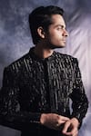 Varun Chakkilam_Black Poly Blend Suiting Fabric Embroidered Linear Pattern Sherwani Set  _Online_at_Aza_Fashions