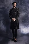 Buy_Varun Chakkilam_Black Poly Blend Suiting Fabric Embroidered Linear Pattern Sherwani Set  _at_Aza_Fashions