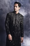 Shop_Varun Chakkilam_Black Poly Blend Suiting Fabric Embroidered Linear Pattern Sherwani Set  _at_Aza_Fashions