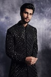 Shop_Varun Chakkilam_Black Poly Blend Suiting Fabric Embroidered Cadence Sherwani Set  _at_Aza_Fashions