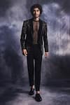 Buy_Varun Chakkilam_Black Poly Blend Suiting Fabric Dash-lines Jacket And Pant Set  _at_Aza_Fashions