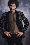 Varun Chakkilam_Black Poly Blend Suiting Fabric Dash-lines Jacket And Pant Set  _Online_at_Aza_Fashions