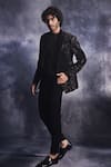 Shop_Varun Chakkilam_Black Poly Blend Suiting Fabric Dash-lines Jacket And Pant Set  _at_Aza_Fashions