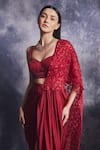 Varun Chakkilam_Red Silk Organza Embroidered Glass Beads Draped Skirt With Blouse  _Online_at_Aza_Fashions