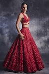 Shop_Varun Chakkilam_Red Silk Organza Embroidered Glass Beads Floral Bloom Lehenga And Blouse Set _at_Aza_Fashions