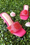 Shop_Tic Tac Toe Footwear_Pink Embroidered Bead Strap Block Heels _at_Aza_Fashions