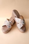 Buy_Tic Tac Toe Footwear_Gold Embroidered Cross Strap Wedges _at_Aza_Fashions