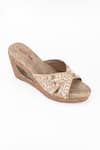 Shop_Tic Tac Toe Footwear_Beige Embroidery Pearl Cut Heel Wedges _at_Aza_Fashions