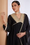 Buy_Neha Khullar_Black Chanderi Silk Embroidered Zari V Neck Anarkali Pant Set  _Online_at_Aza_Fashions