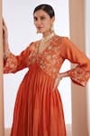 Buy_Neha Khullar_Orange Chanderi Silk Embroidered Zari V Neck Floral Anarkali Pant Set  _Online_at_Aza_Fashions