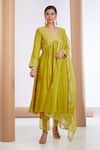 Buy_Neha Khullar_Yellow Chanderi Silk Embroidered Zari V Neck Floral Anarkali Pant Set  _at_Aza_Fashions