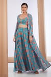 Buy_Neha Khullar_Blue Georgette Printed Floral Sweetheart Longline Cape Sharara Set _at_Aza_Fashions