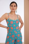 Neha Khullar_Blue Georgette Printed Floral Square Embellished Jumpsuit  _Online_at_Aza_Fashions