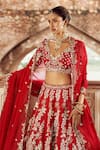 Annus Creation_Maroon Silk Embroidered Cutdana V Neck Floral Motif Bridal Lehenga Set _Online_at_Aza_Fashions