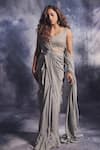 Shop_Varun Chakkilam_Grey Silk Organza Embroidered Smoke Pre-draped Saree With Blouse  _at_Aza_Fashions