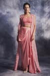 Buy_Varun Chakkilam_Pink Silk Organza Embroidered 3d Florals Jacket And Draped Skirt Set  _at_Aza_Fashions