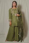 Buy_SHINOR_Green Silk Organza Hand Embroidery Danka Boat Short Kurta Palazzo Set  _at_Aza_Fashions