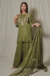 SHINOR_Green Silk Organza Hand Embroidery Danka Boat Short Kurta Palazzo Set  _at_Aza_Fashions