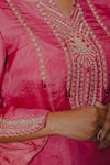 Buy_SHINOR_Pink Silk Organza Hand Embroidery French Knots Notched Kurta Set _Online_at_Aza_Fashions
