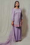 Buy_SHINOR_Purple Kurta Satin Linen Embroidered Pearls U Neck Floral Set  _at_Aza_Fashions