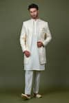 Buy_Soniya G_Off White Crepe Embroidered Resham And Sequin Work & Sherwani Set _at_Aza_Fashions