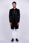 Buy_Soniya G_Black Crepe Hand Embroidered And Embossed Thread & Panelled Sherwani Set _Online_at_Aza_Fashions