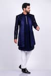 Buy_Soniya G_Blue Crepe Hand Embroidered And Embossed Thread Panelled Sherwani Set _at_Aza_Fashions