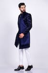 Shop_Soniya G_Blue Crepe Hand Embroidered And Embossed Thread Panelled Sherwani Set _at_Aza_Fashions