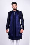 Buy_Soniya G_Blue Crepe Hand Embroidered And Embossed Thread Panelled Sherwani Set _Online_at_Aza_Fashions