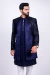 Soniya G_Blue Crepe Hand Embroidered And Embossed Thread Panelled Sherwani Set _at_Aza_Fashions