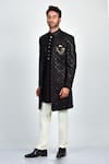 Shop_Soniya G_Black Crepe Embroidered Thread And Sequin Work Sherwani Set _at_Aza_Fashions