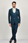 Buy_Soniya G_Blue Crepe, Handloom Cotton, Terrycloth, Cotton, Navy Shawl Collar Tuxedo Set_at_Aza_Fashions