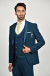 Buy_Soniya G_Blue Crepe, Handloom Cotton, Terrycloth, Cotton, Navy Shawl Collar Tuxedo Set_Online_at_Aza_Fashions