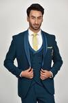 Shop_Soniya G_Blue Crepe, Handloom Cotton, Terrycloth, Cotton, Navy Shawl Collar Tuxedo Set_Online_at_Aza_Fashions