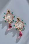 Shop_Janvi Sachdeva Design_Pink Semi Precious Gemstone Floral Embellished Dangler Earrings _at_Aza_Fashions