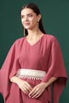 Shop_Aakaar_Pink Moss Crepe V Neck Cut Sleeves Jumpsuit With Pearl Embroidered Belt _Online_at_Aza_Fashions