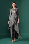 Buy_Aakaar_Grey Cotton Silk Embroidery Crystal Flora Applique Lapel Blazer Kurta With Pant _at_Aza_Fashions