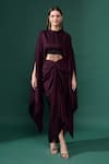 Buy_Aakaar_Purple Moss Crepe Embroidery Floral Batwing Sleeves Crop Top With Draped Skirt_at_Aza_Fashions