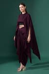 Aakaar_Purple Moss Crepe Embroidery Floral Batwing Sleeves Crop Top With Draped Skirt_Online_at_Aza_Fashions