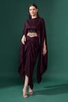 Shop_Aakaar_Purple Moss Crepe Embroidery Floral Batwing Sleeves Crop Top With Draped Skirt_Online_at_Aza_Fashions
