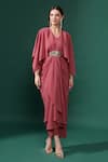 Buy_Aakaar_Pink Moss Crepe V Neck Sara Embellished Cut Sleeves Draped Dress _at_Aza_Fashions