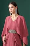 Buy_Aakaar_Pink Moss Crepe V Neck Sara Embellished Cut Sleeves Draped Dress _Online_at_Aza_Fashions