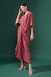 Shop_Aakaar_Pink Moss Crepe V Neck Sara Embellished Cut Sleeves Draped Dress _Online_at_Aza_Fashions