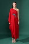 Aakaar_Red Modal Embroidery One Shoulder Nalki Flora Applique Draped Dress _Online_at_Aza_Fashions